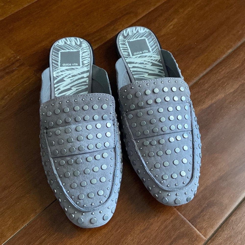 Gray / silver dolce vita studded slides